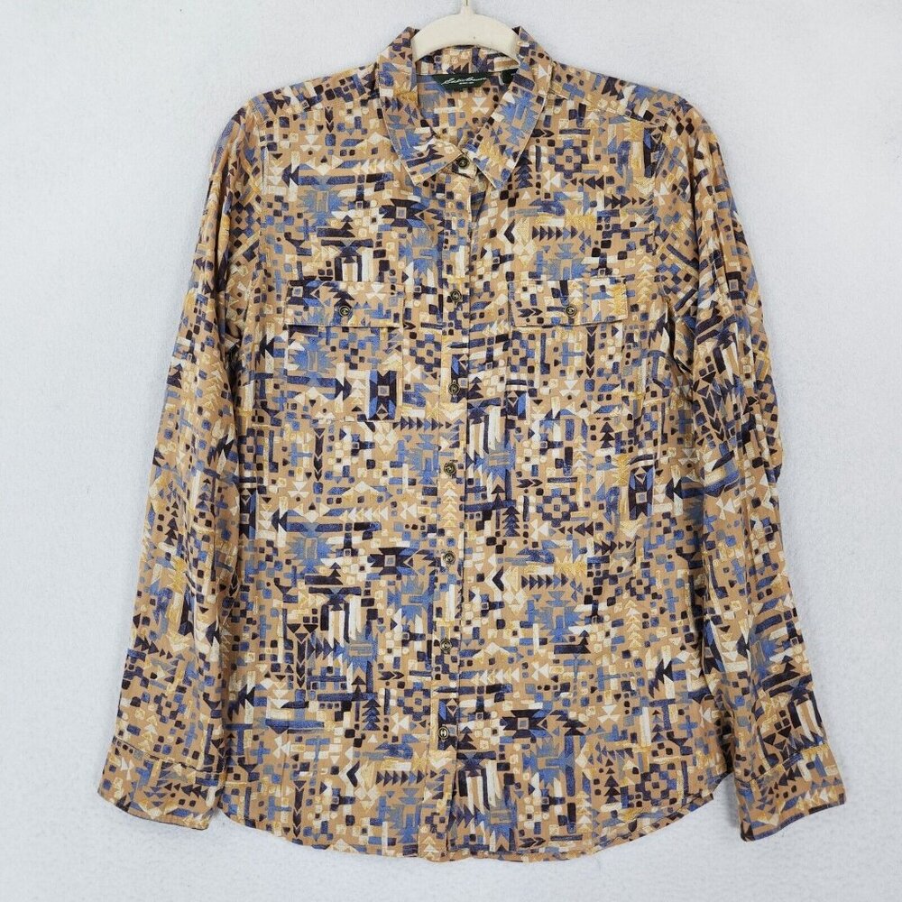 Eddie Bauer Shirt Womens Medium Tan Blue Geometric Lightweight Button Front